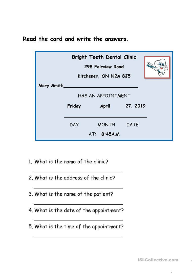 Dentist Appointment Card – English Esl Worksheets For Throughout Dentist Appointment Card Template