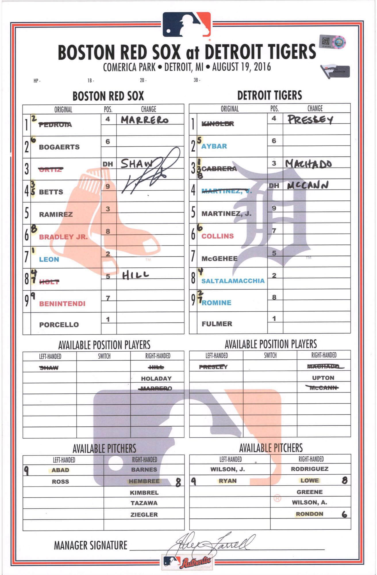 Details About David Ortiz Boston Red Sox Signed Gu Lineup Card Vs Tigers On  8/19/16 – Fanatics Intended For Baseball Lineup Card Template