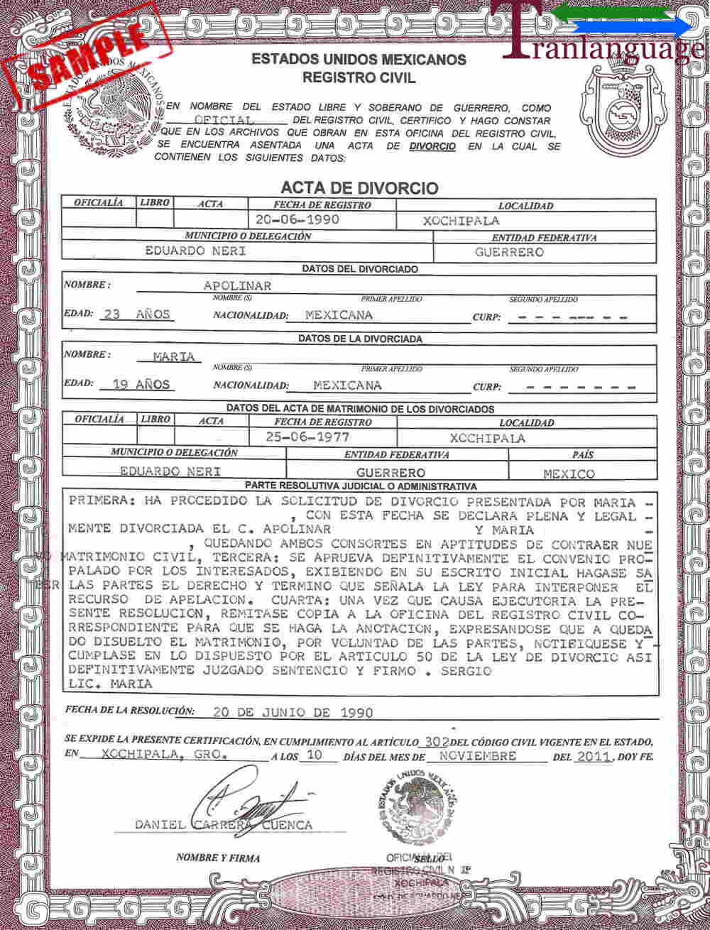 Divorce Certificate Mexico For Mexican Marriage Certificate Translation Template