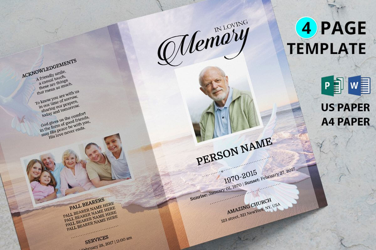 Dove And Beach Funeral Program Template Inside Memorial Brochure Template
