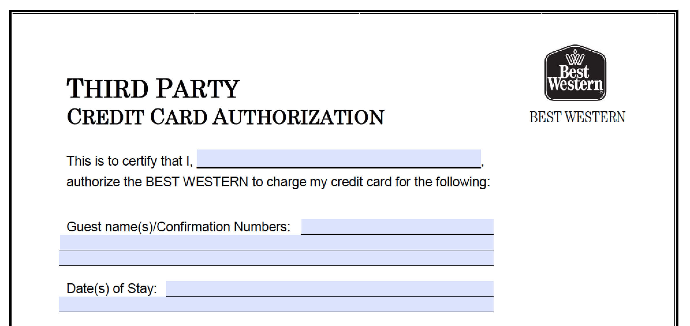 Download Best Western Credit Card Authorization Form In Authorization To Charge Credit Card Template