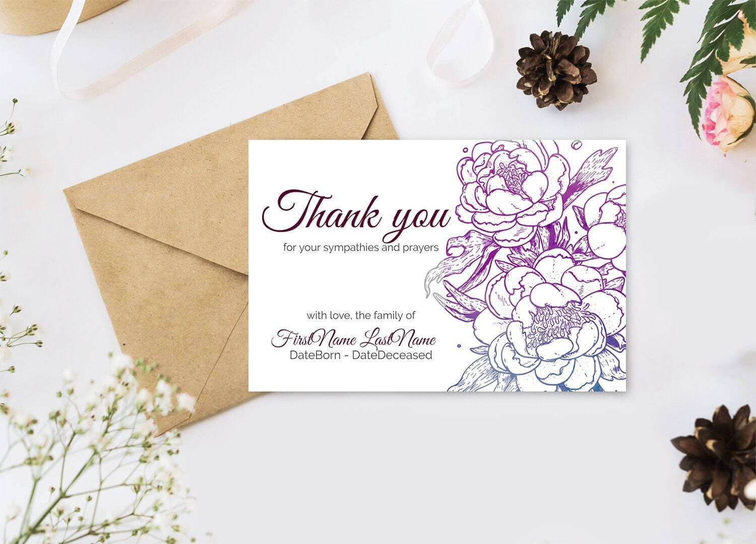 Editable Funeral Thank You Cards. Personalized Sympathy Thank You,  Printable Bereavement Thank You Card – Digital Download With Regard To Sympathy Thank You Card Template