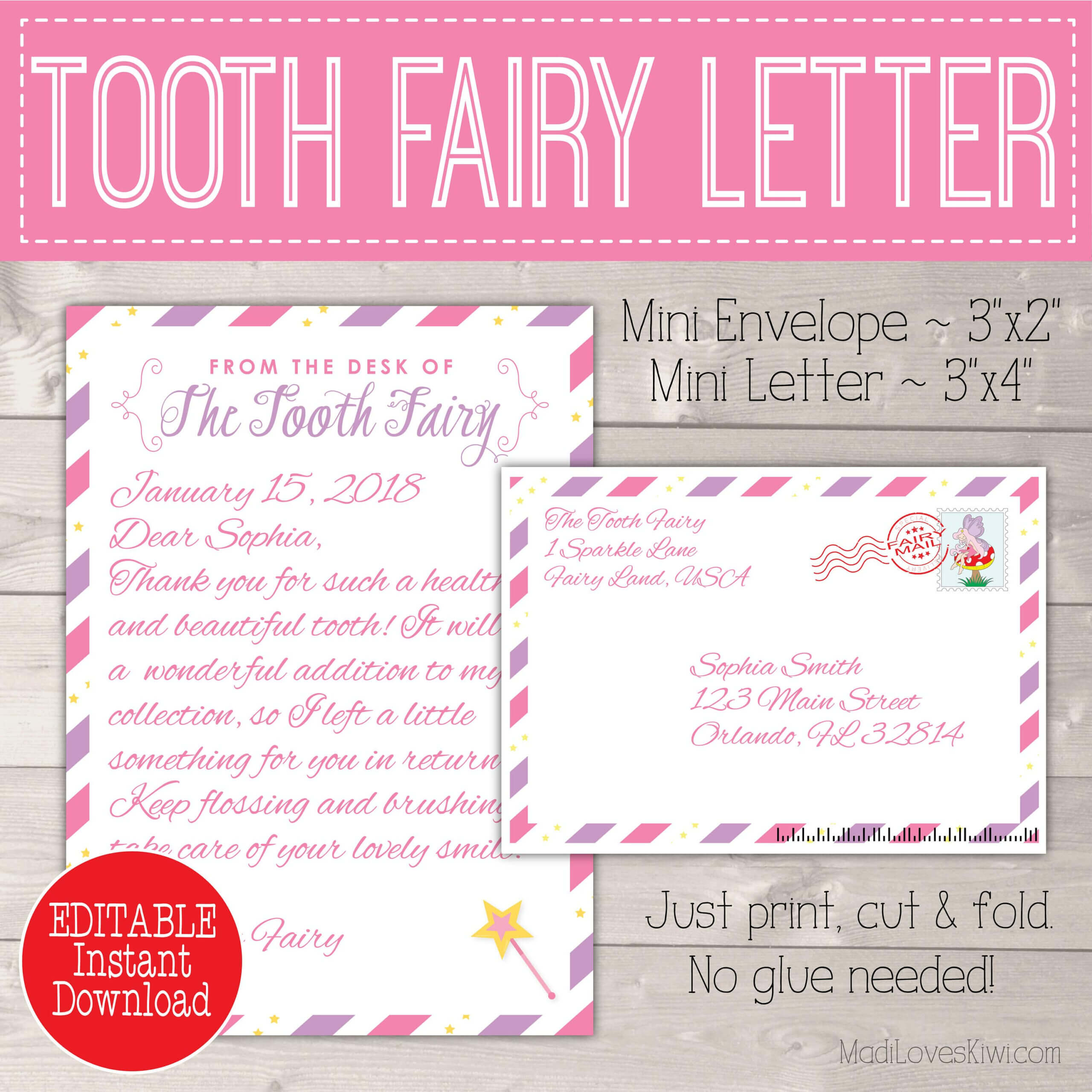 editable tooth fairy letter with envelope printable pink
