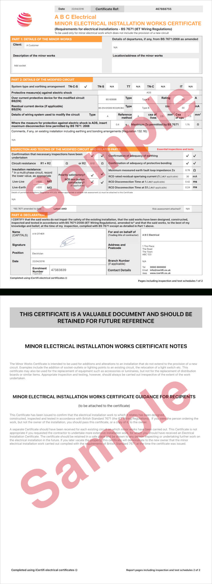 Electrical Certificate - Example Minor Works Certificate Throughout Electrical Minor Works Certificate Template