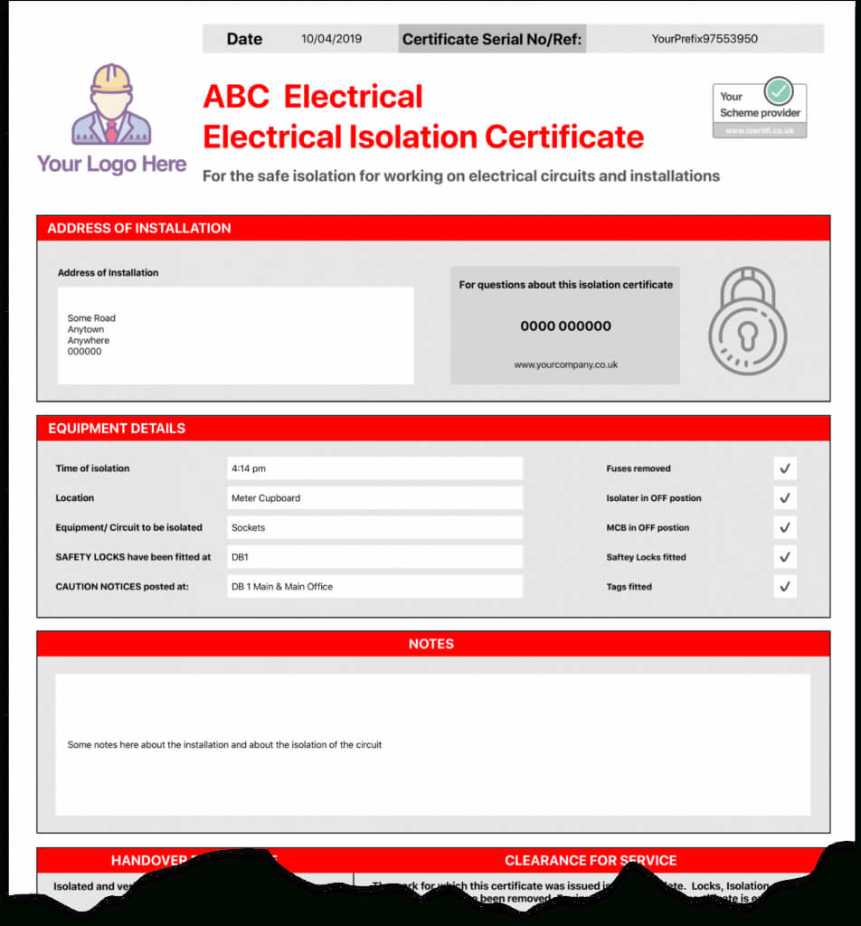 Electrical Isolation Certificate | Send Unlimited In Electrical Isolation Certificate Template