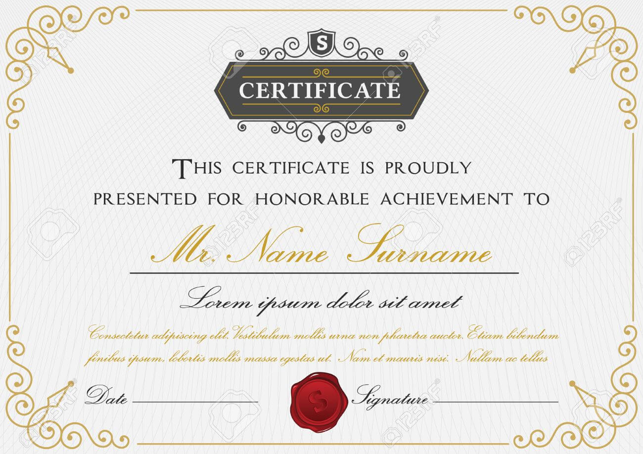 Elegant Certificate Template Design With Border, Sealing Wax.. In Certificate Template Size