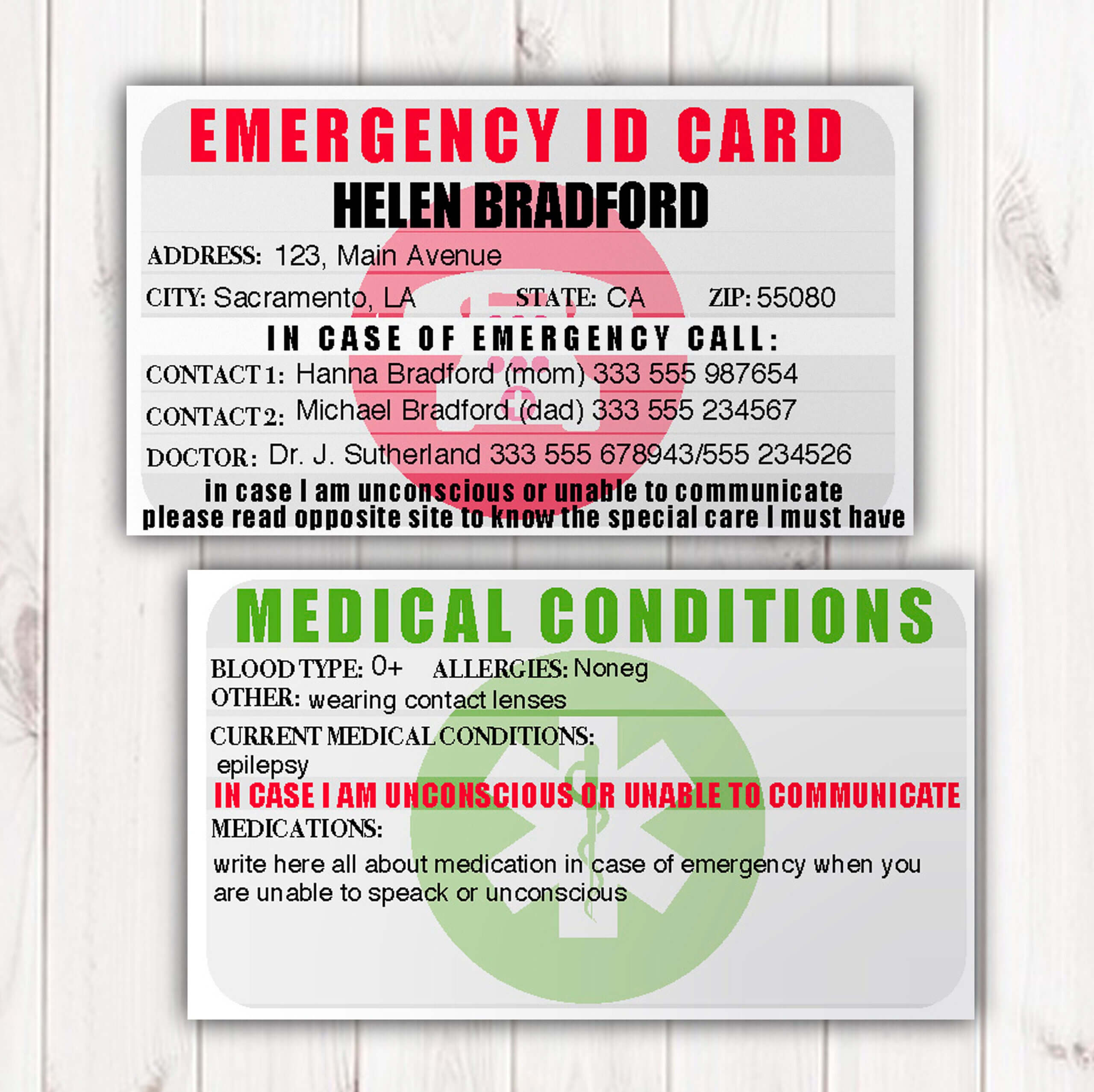 Emergency Identification Card Template, Medical Condition With Emergency Contact Card Template