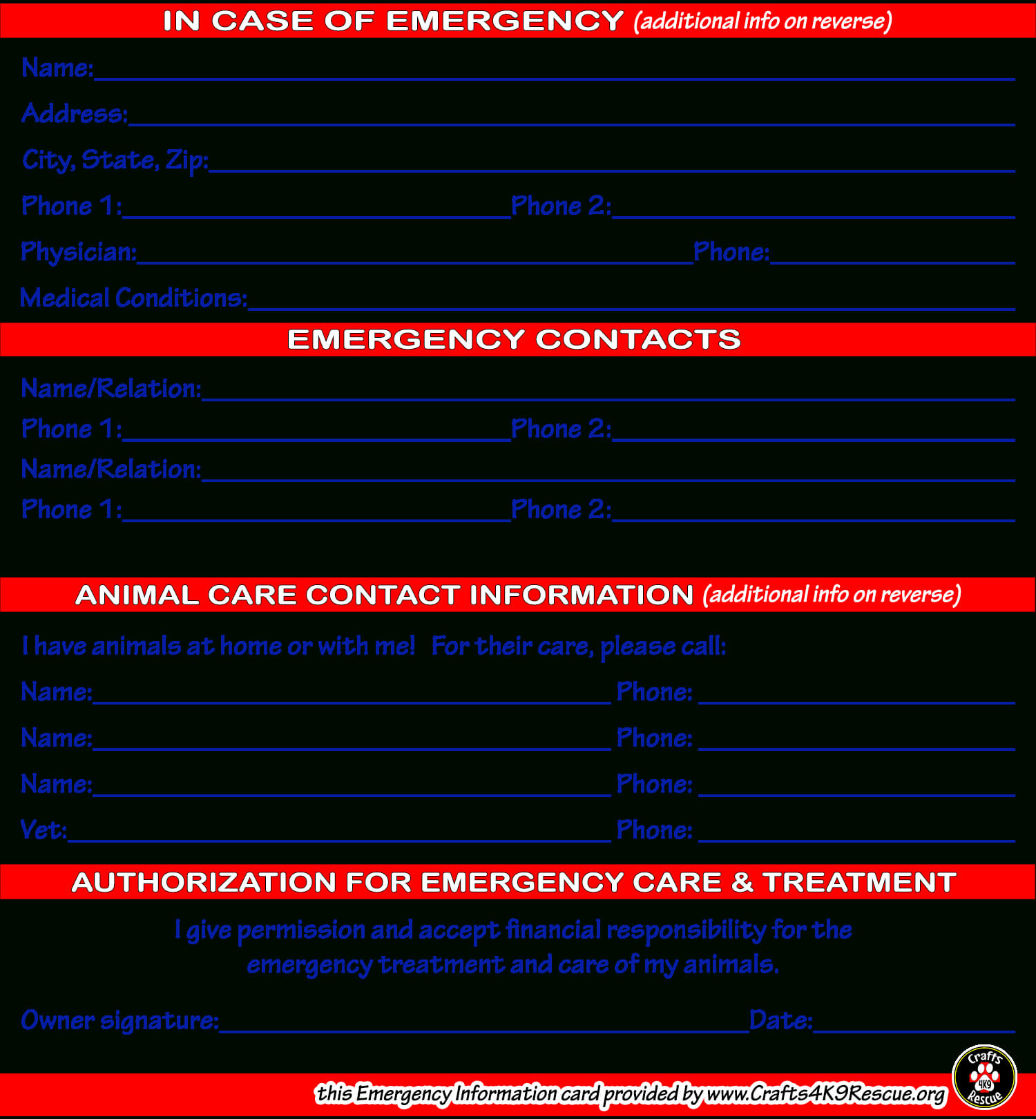 Emergency Information Card Template | Crafts4K9Rescue Regarding In Case Of Emergency Card Template