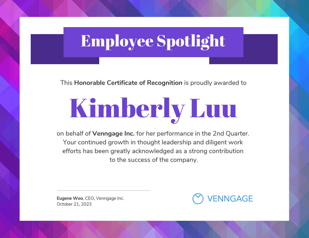 Employee Spotlight Certificate Of Recognition Template With Certificate Of Employment Template