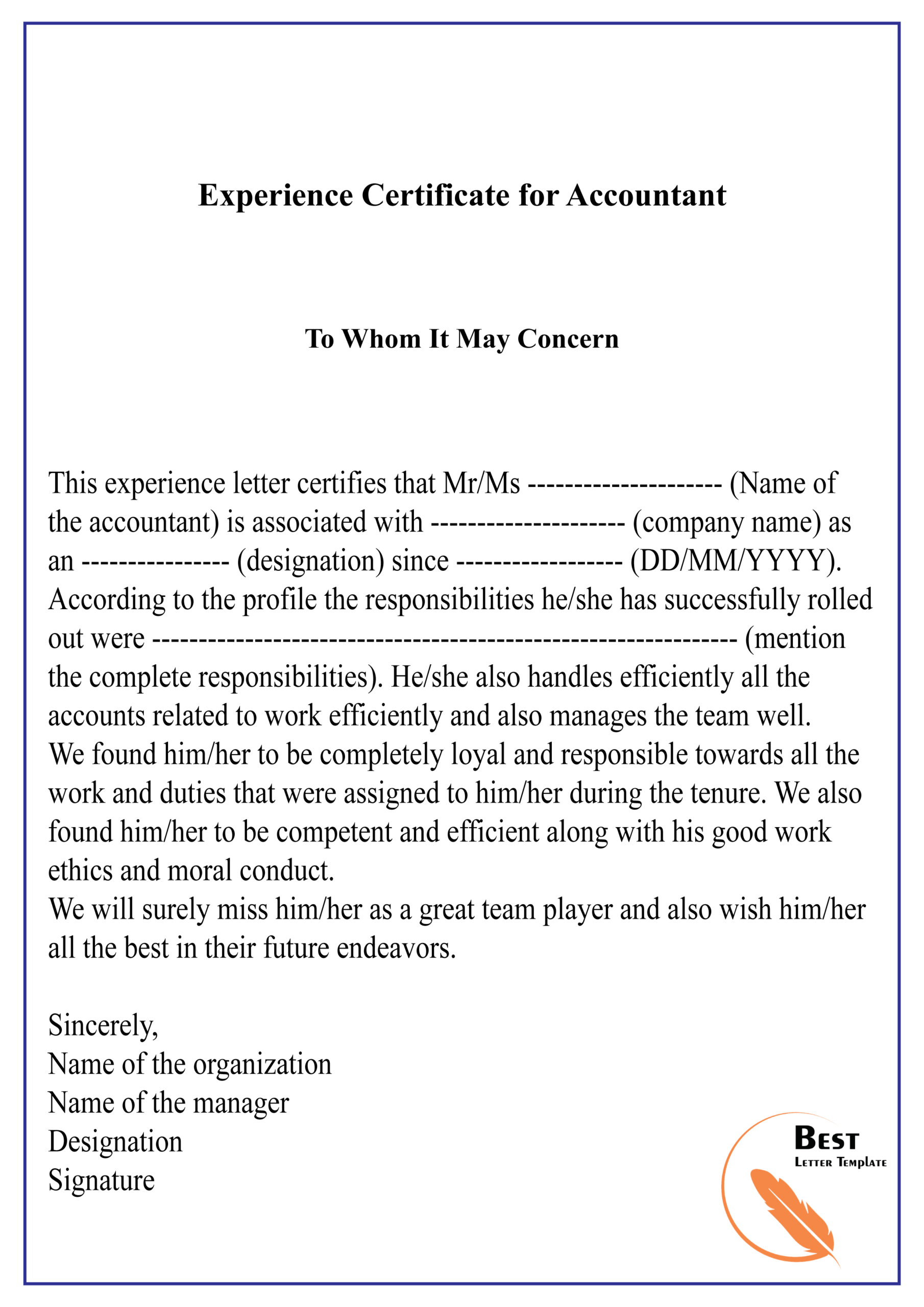 Experience Certificate For Accountant 01 | Best Letter Template With Template Of Experience Certificate