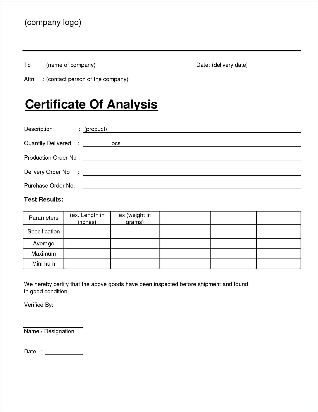 🥰4+ Free Sample Certificate Of Analysis (Coa) Templates🥰 Throughout Certificate Of Analysis Template