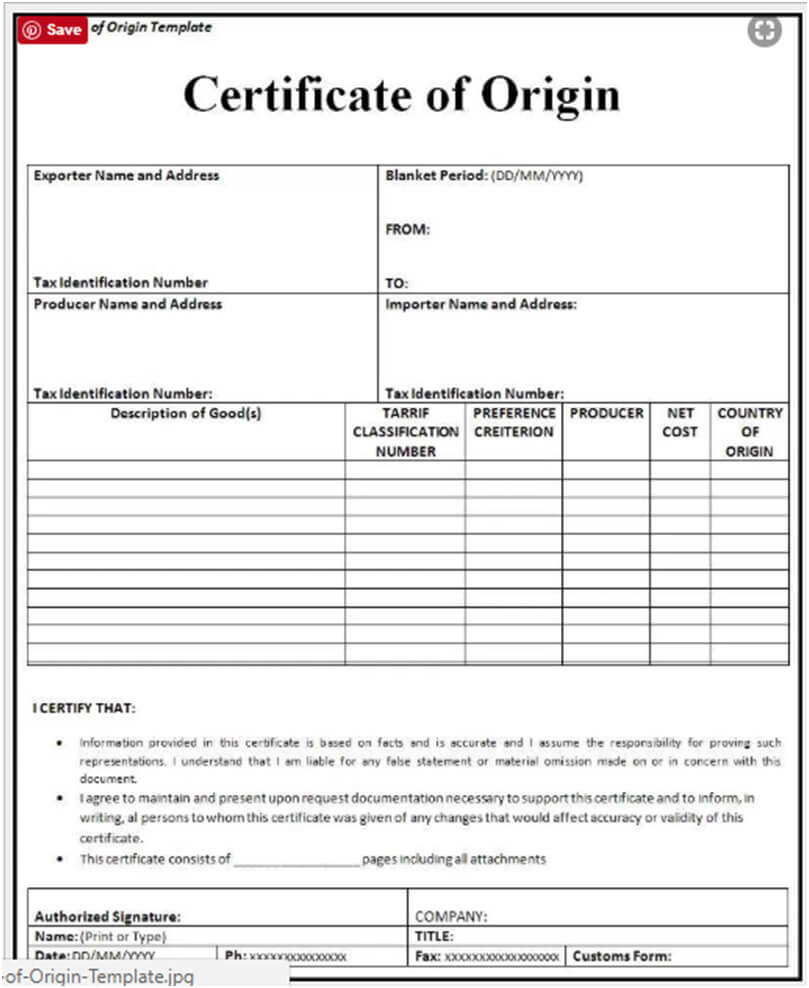 🥰free Printable Certificate Of Origin Form Template [Pdf For Certificate Of Origin For A Vehicle Template
