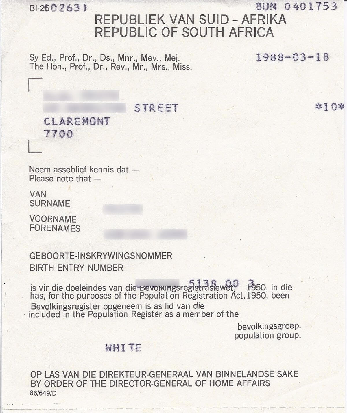 File:population Registration Certificate South Africa 1988 Pertaining