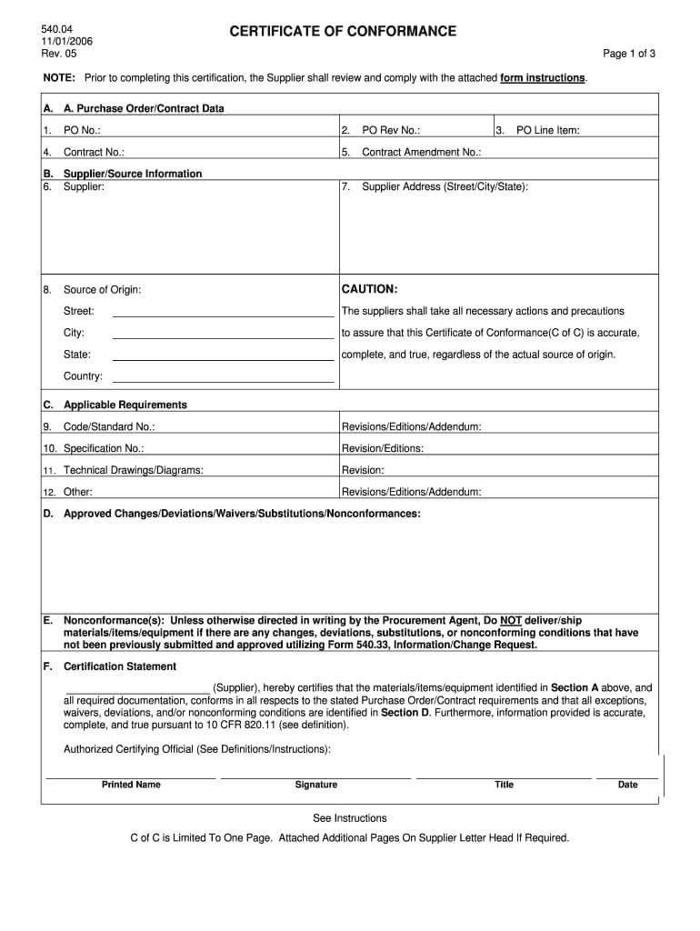 Fillable Online Supplier Certificate Of Conformance Form For Certificate Of Conformance Template