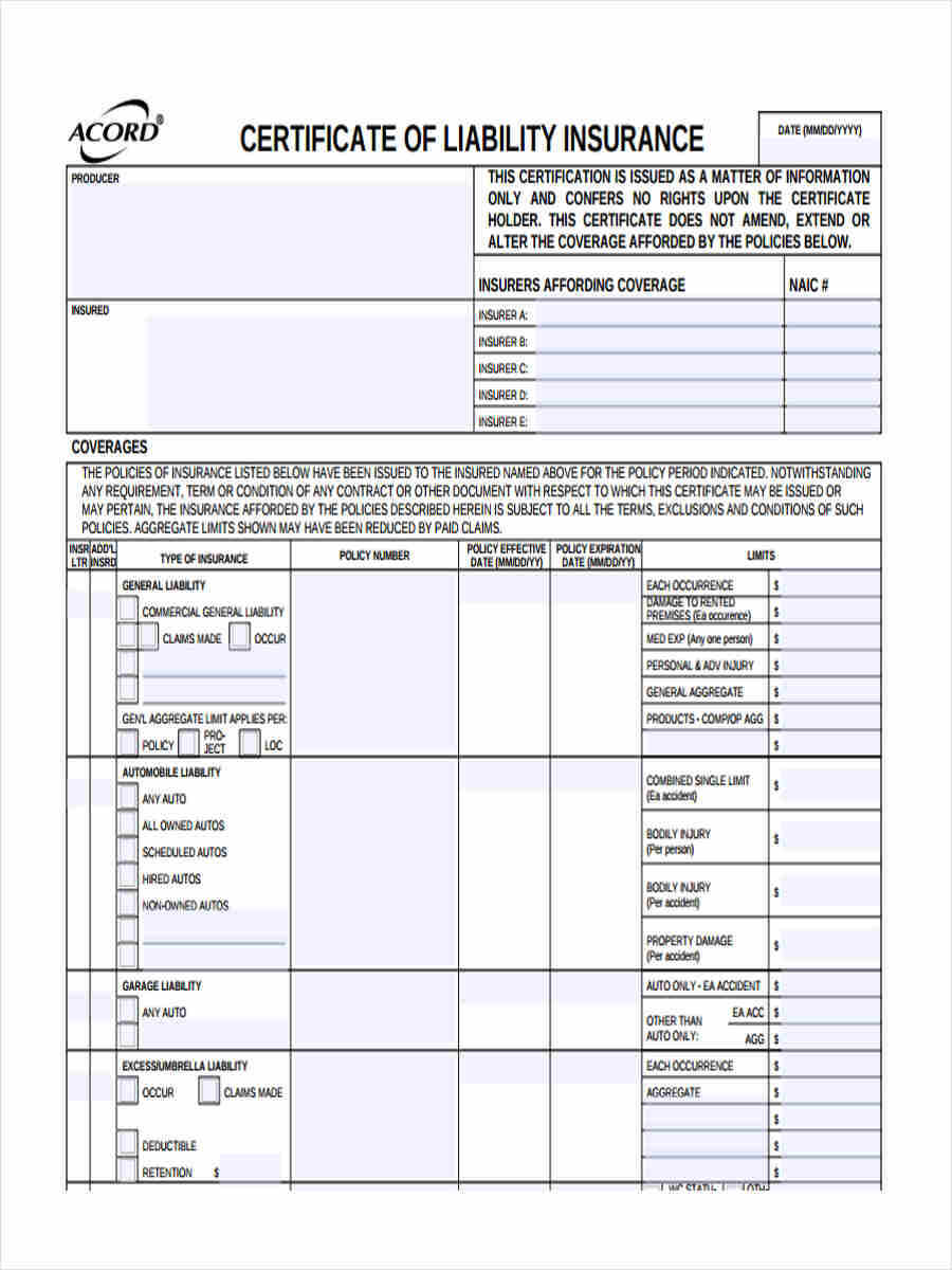 Free 9+ Liability Insurance Forms In Pdf | Ms Word With Certificate Of Liability Insurance Template