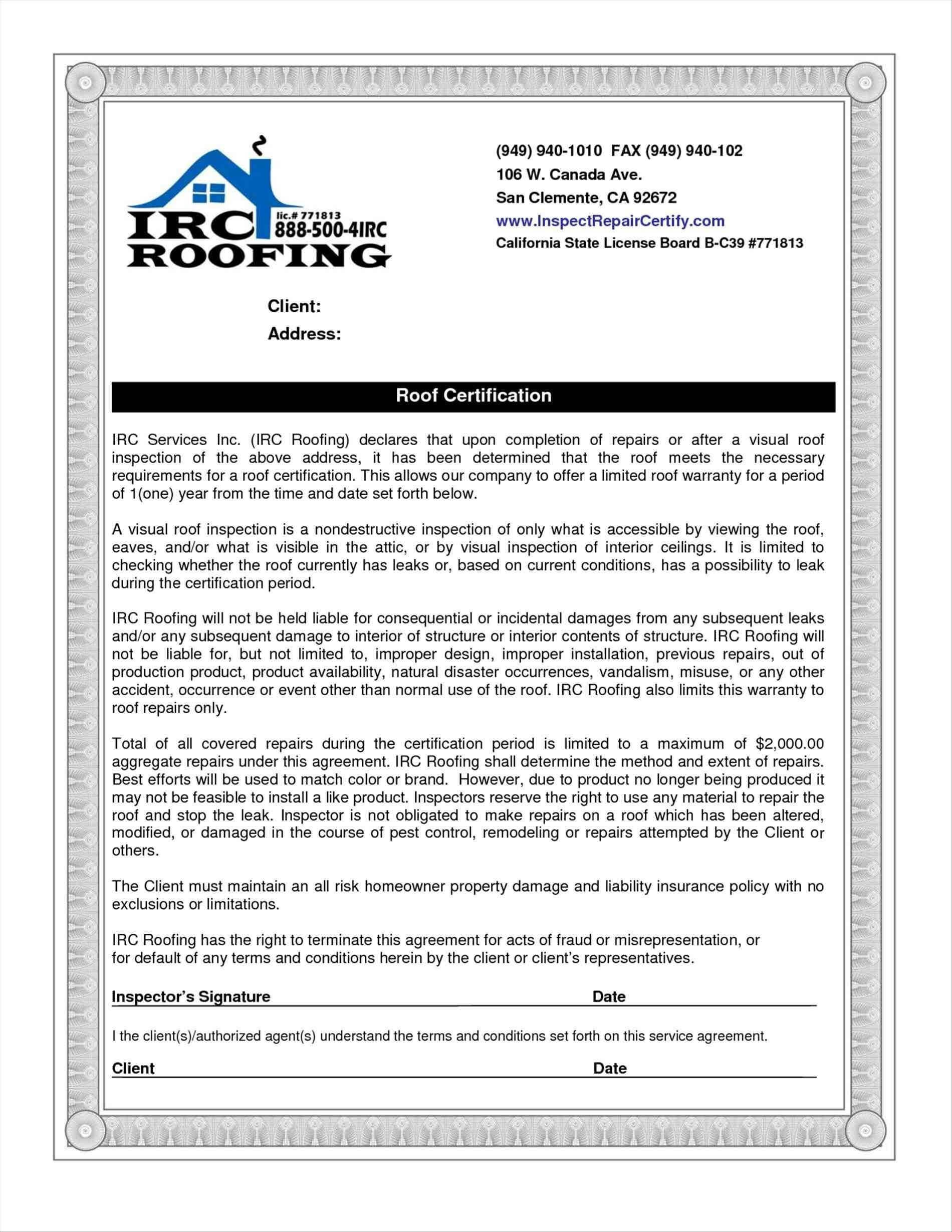 Free Roof Certification Template Form Download Monster With Roof Certification Template
