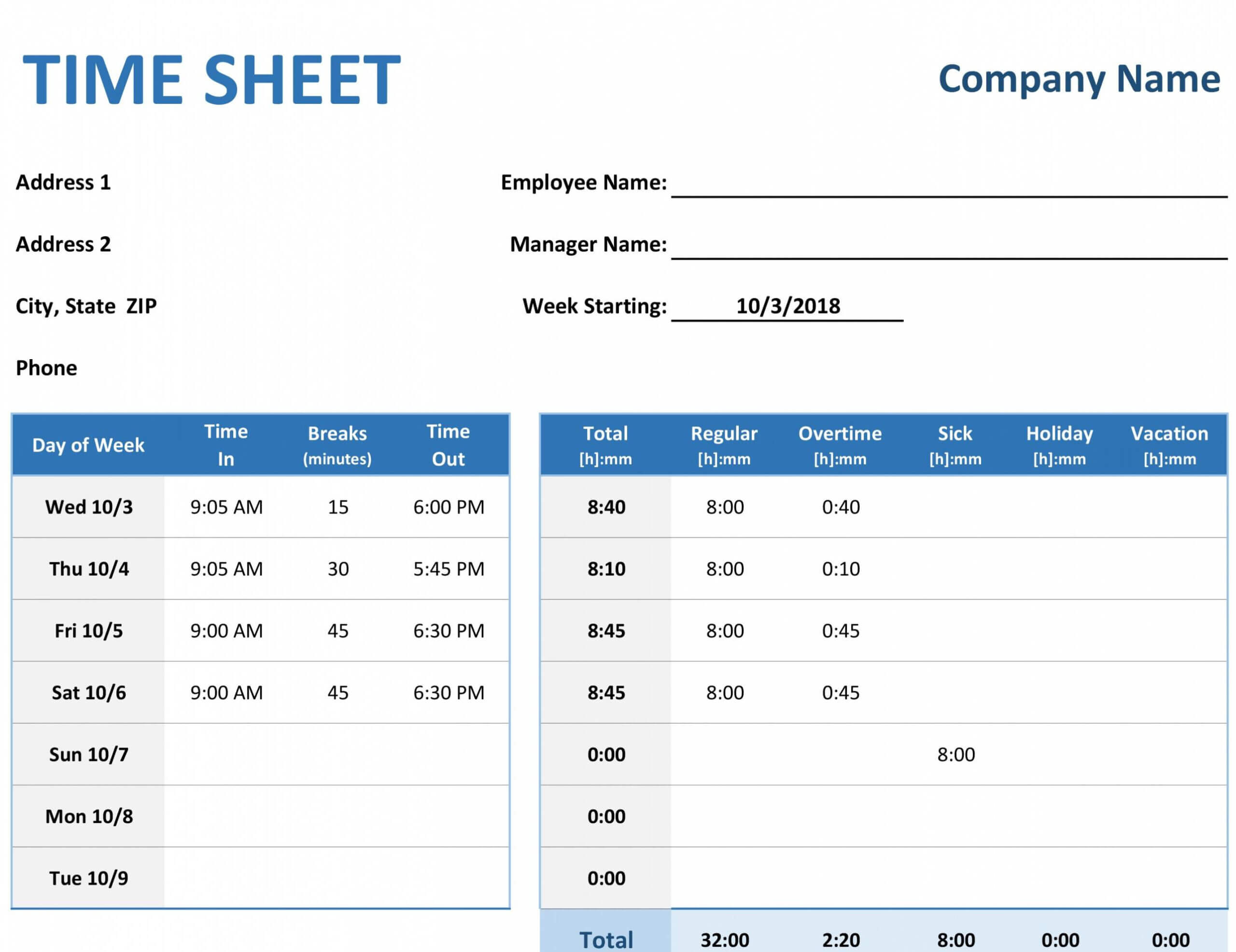 Free Weekly Time Sheet With Tasks And Overtime Overtime Within Weekly Time Card Template Free