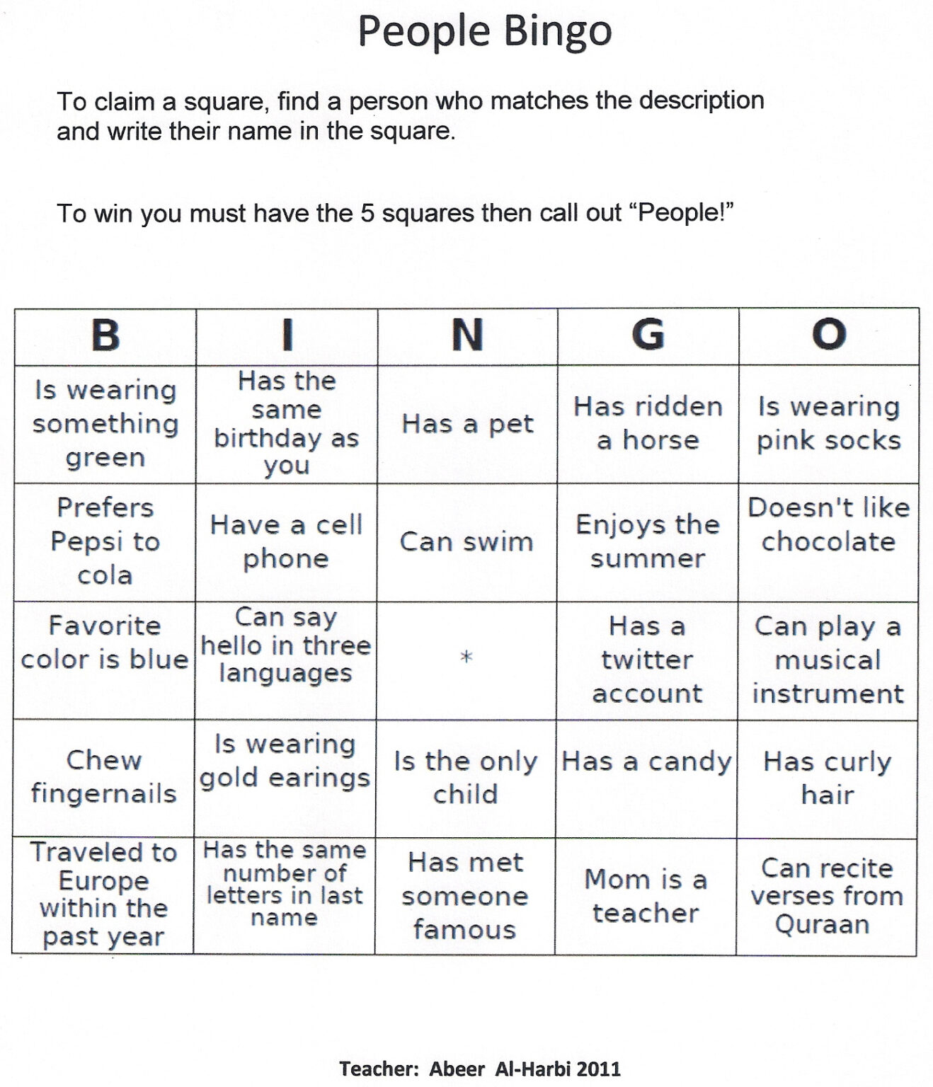 Game My Teaching Journey Pertaining To Ice Breaker Bingo Card Template Professional Template
