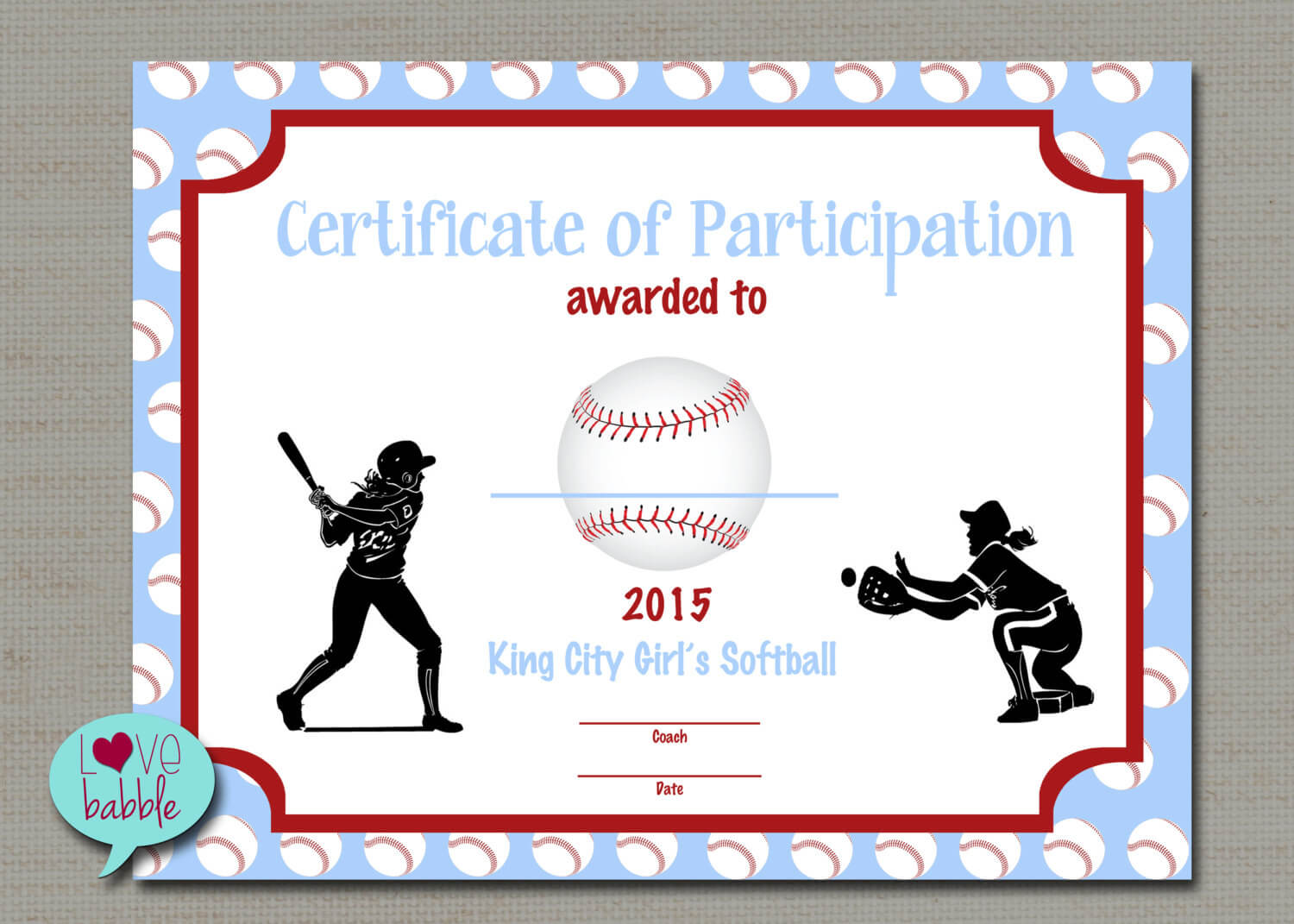 Girls Softball Baseball T Ball Award Certificate Printable Digital File