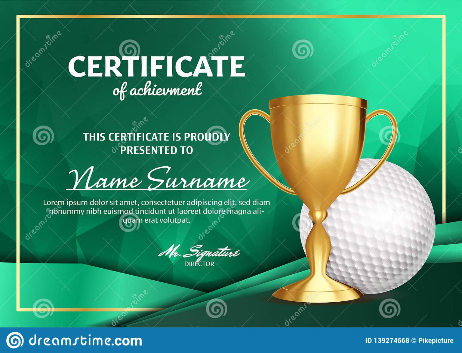 Golf Certificate Diploma With Golden Cup Vector. Sport Award Inside
