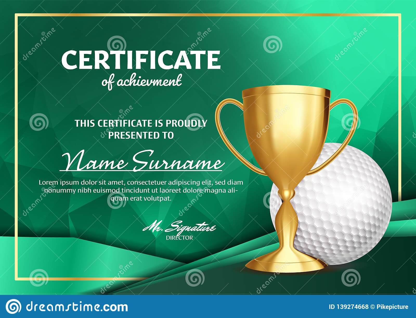 Golf Certificate Diploma With Golden Cup Vector. Sport Award Within Golf Certificate Template Free