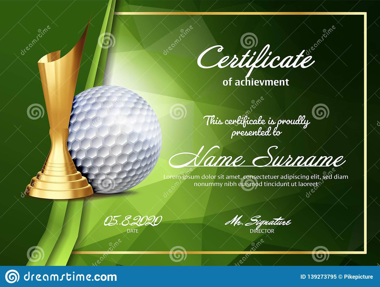 Golf Certificate Diploma With Golden Cup Vector. Sport Throughout Golf