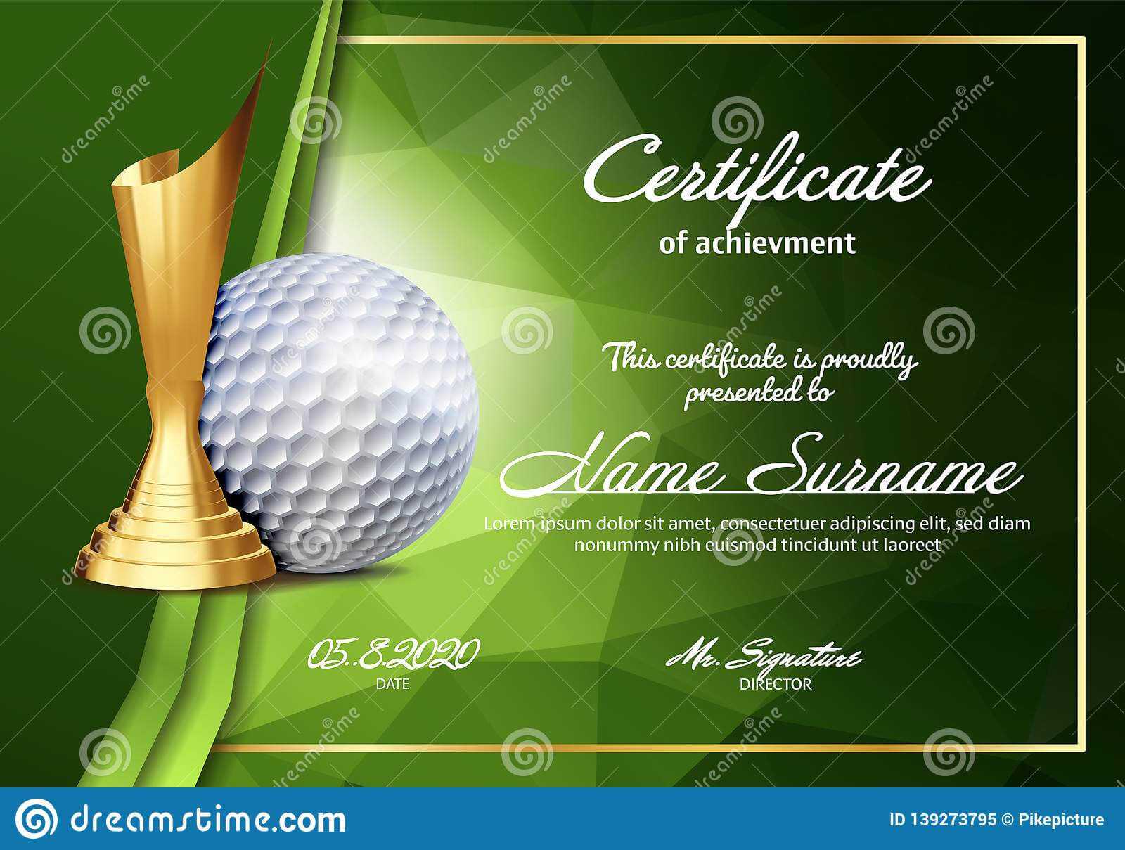 Golf Certificate Diploma With Golden Cup Vector Sport Throughout Golf Gift Certificate Template