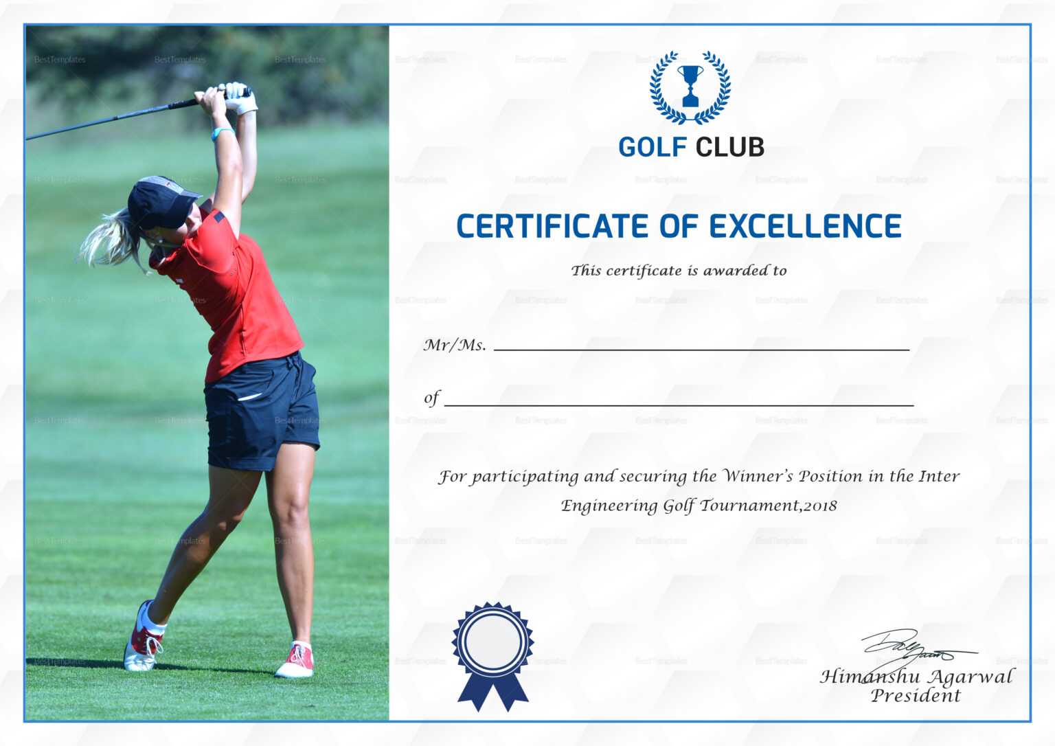 Golf Excellence Certificate Template for Golf Certificate Templates For
