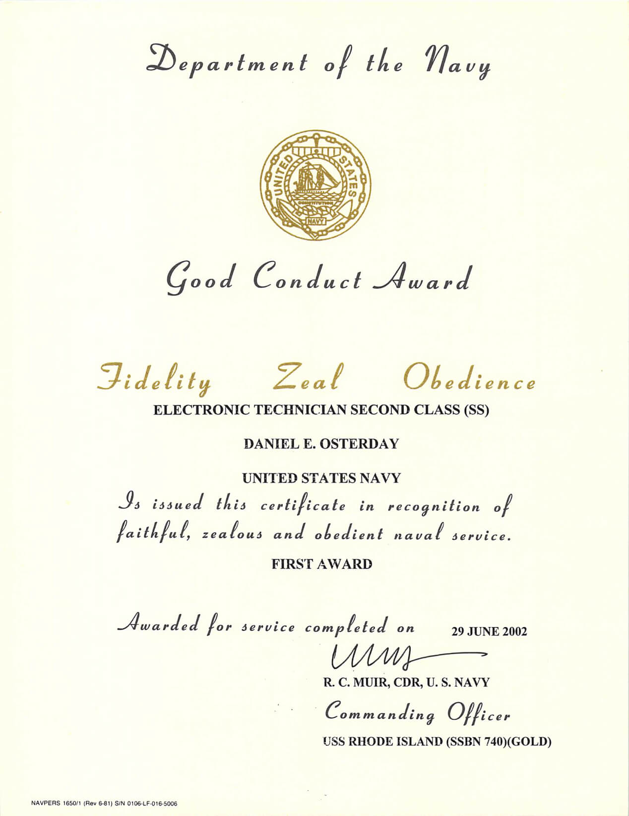 Good Conduct Medal | Daniel Osterday With Regard To Good Conduct Certificate Template