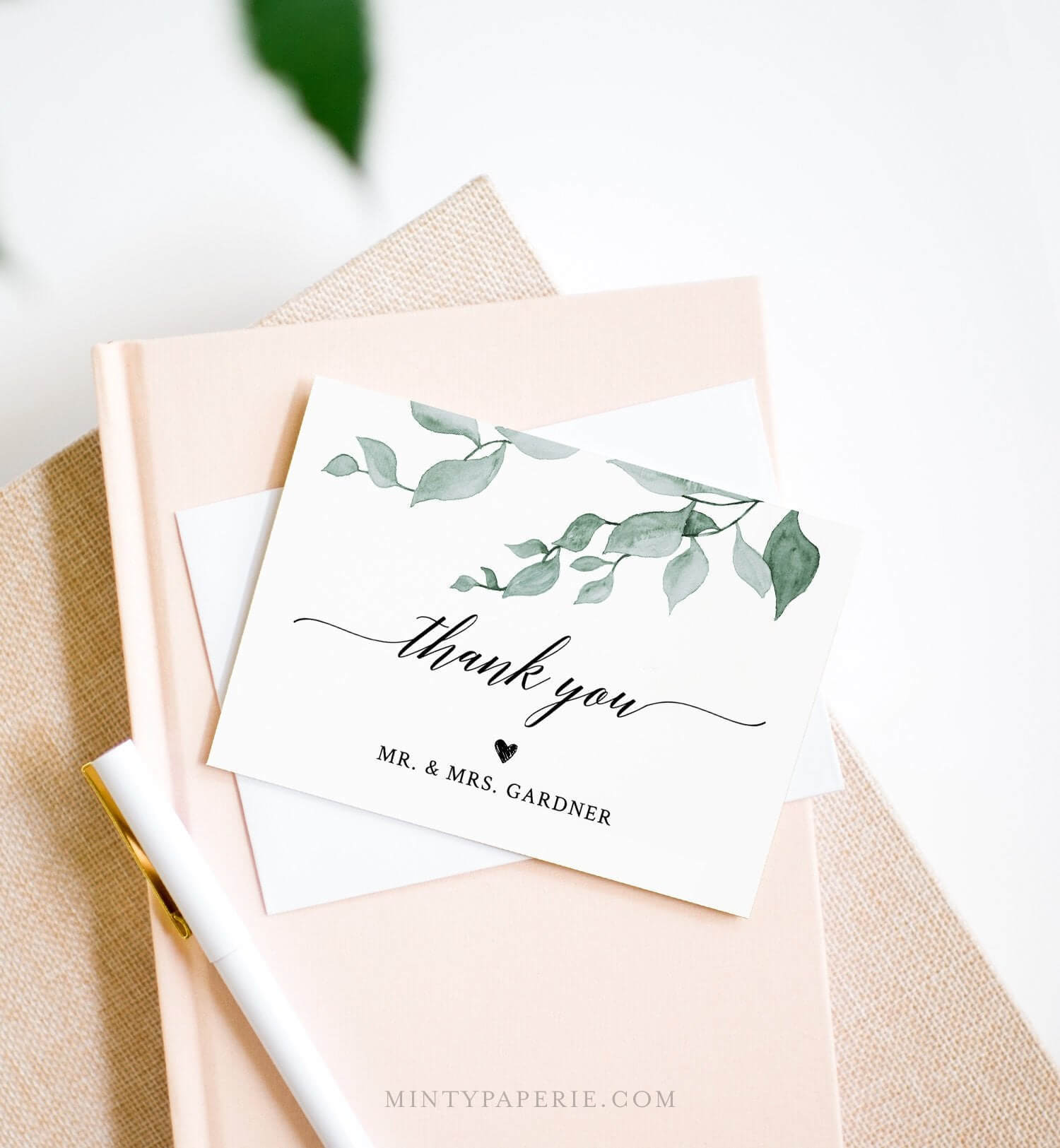 Greenery Thank You Note Card Template, Folded Wedding Or Inside Thank You Note Card Template