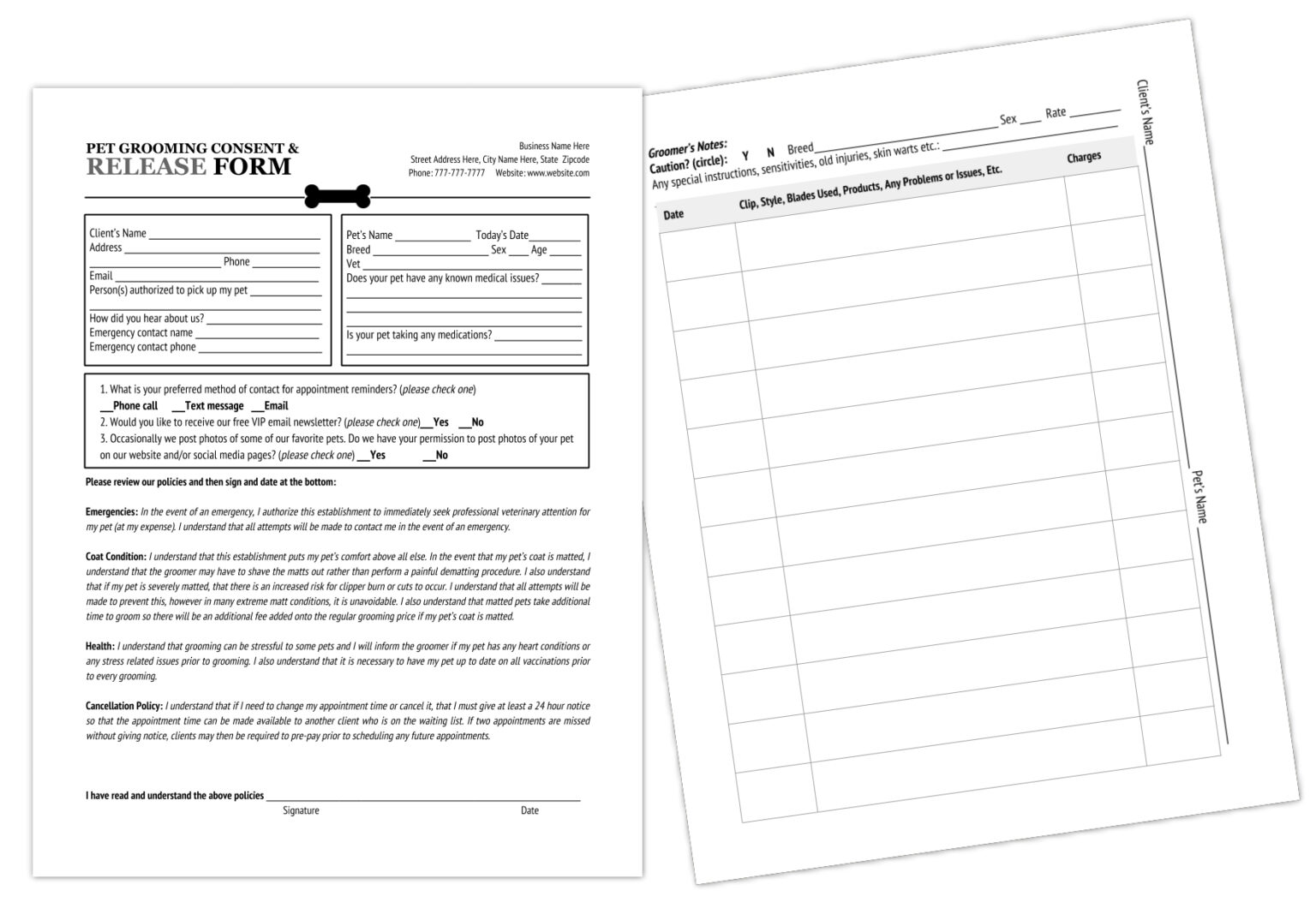Grooming Release Form Template & Printable Pdf in Dog Grooming Record