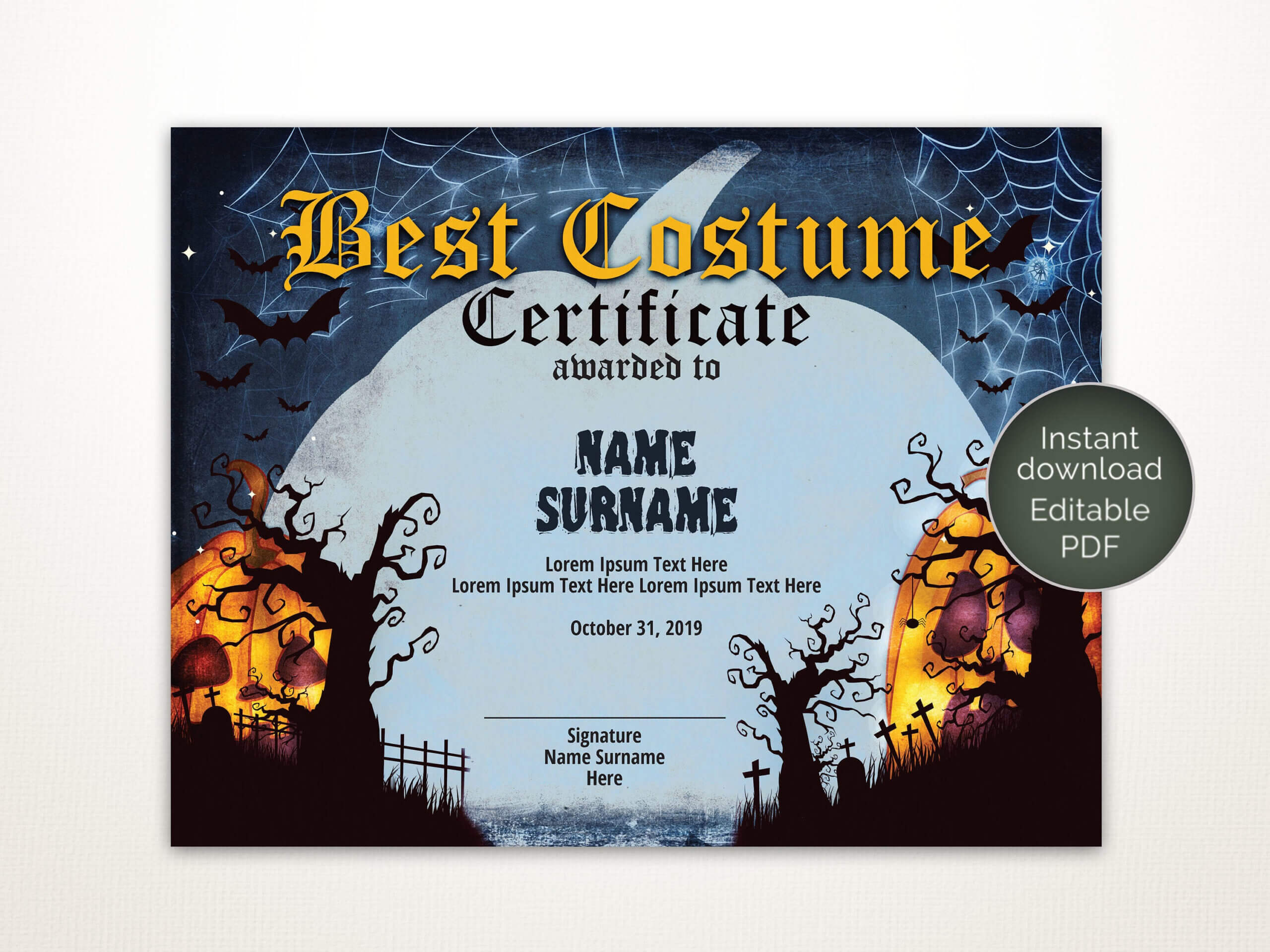 Halloween Best Costume Certificate Editable Template Costume Award  Printable Certificate Template Instant Download Within Halloween Certificate Template