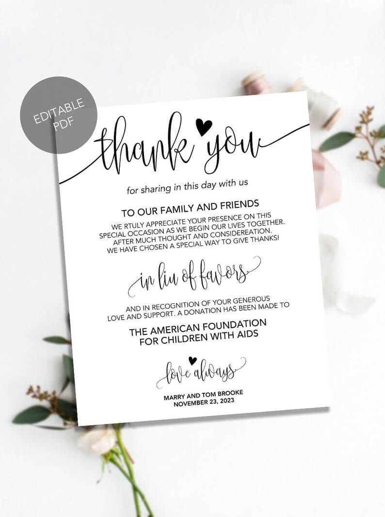 In Lieu Of Favors Sign, Wedding Donation Sign Wedding Donation Favor Cards  Wedding Favor Sign, Printable Wedding Signs, Wedding Template Pdf Regarding Donation Cards Template
