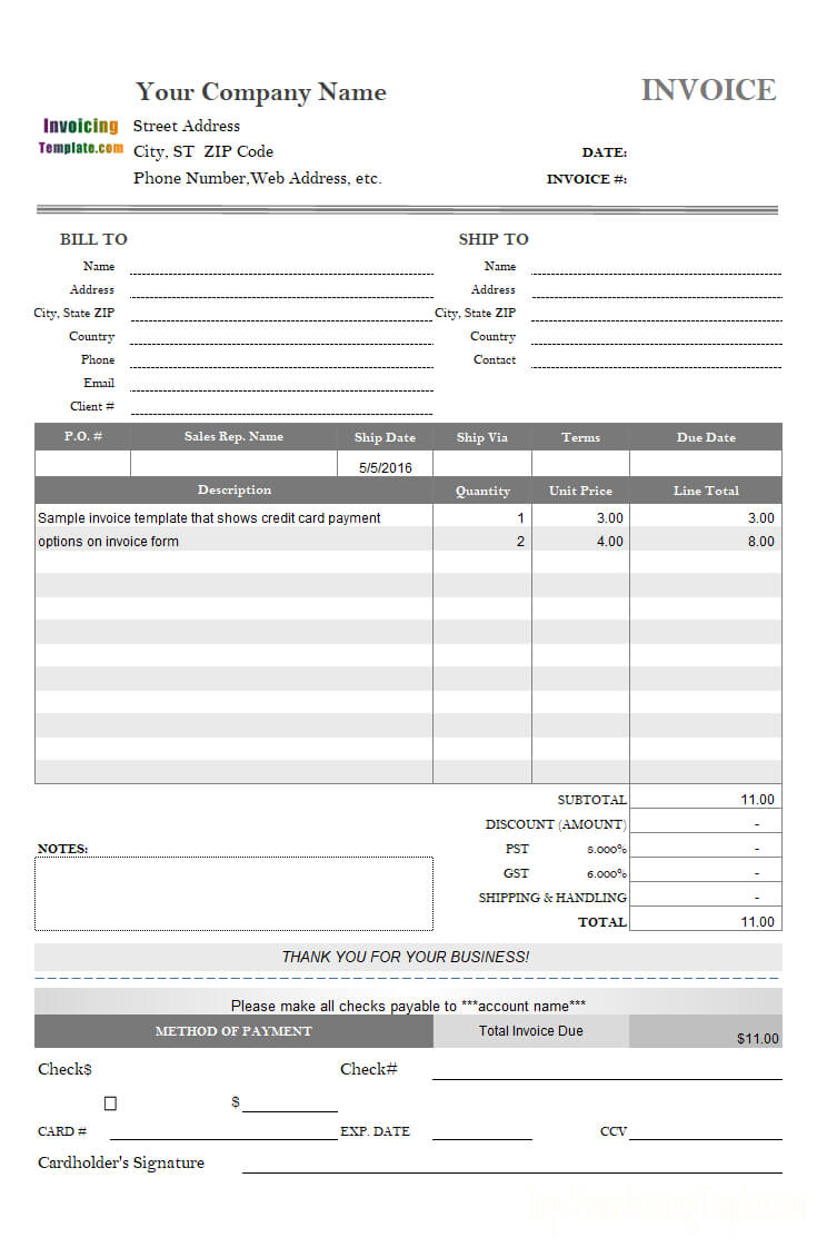 Invoice Template With Credit Card Payment Option Throughout Credit Card Bill Template