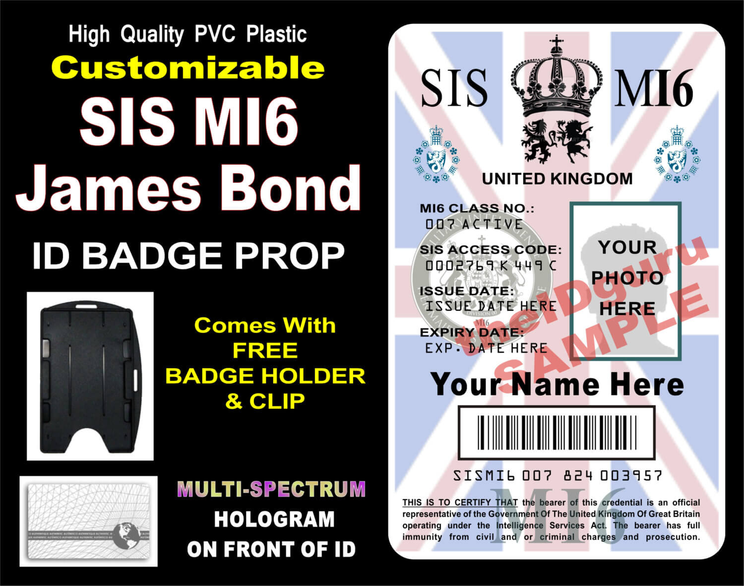 James Bond (Sis Mi6) Id Badge / Card Prop ~ Custom Printed With Your Info &  Photo ~ Pvc Plastic Holographic Card – Usa Made For Mi6 Id Card Template