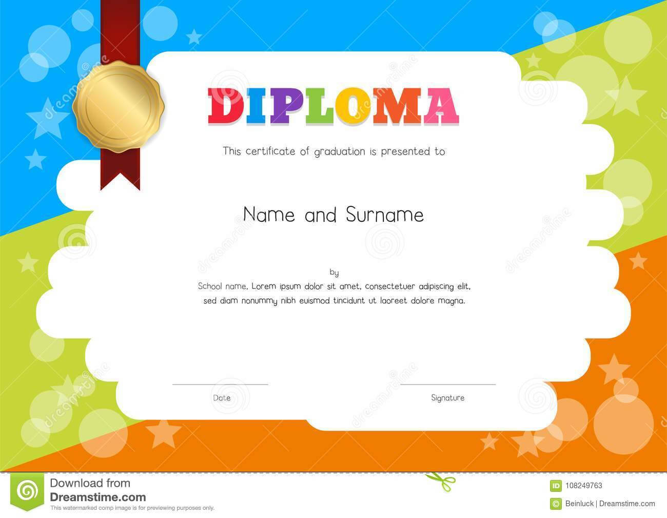 Kids Diploma Or Certificate Template With Hand Drawing For Children's Certificate Template
