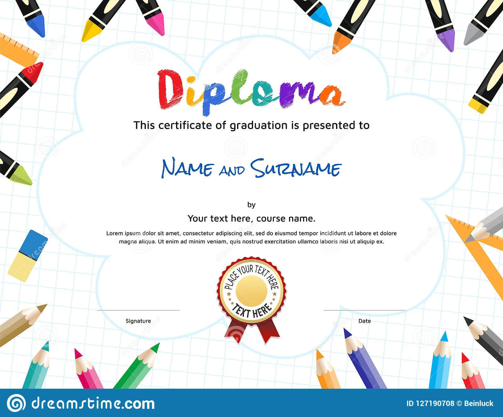 Kids Diploma Or Certificate Template With Painting Stuff Inside Preschool Graduation Certificate Template Free