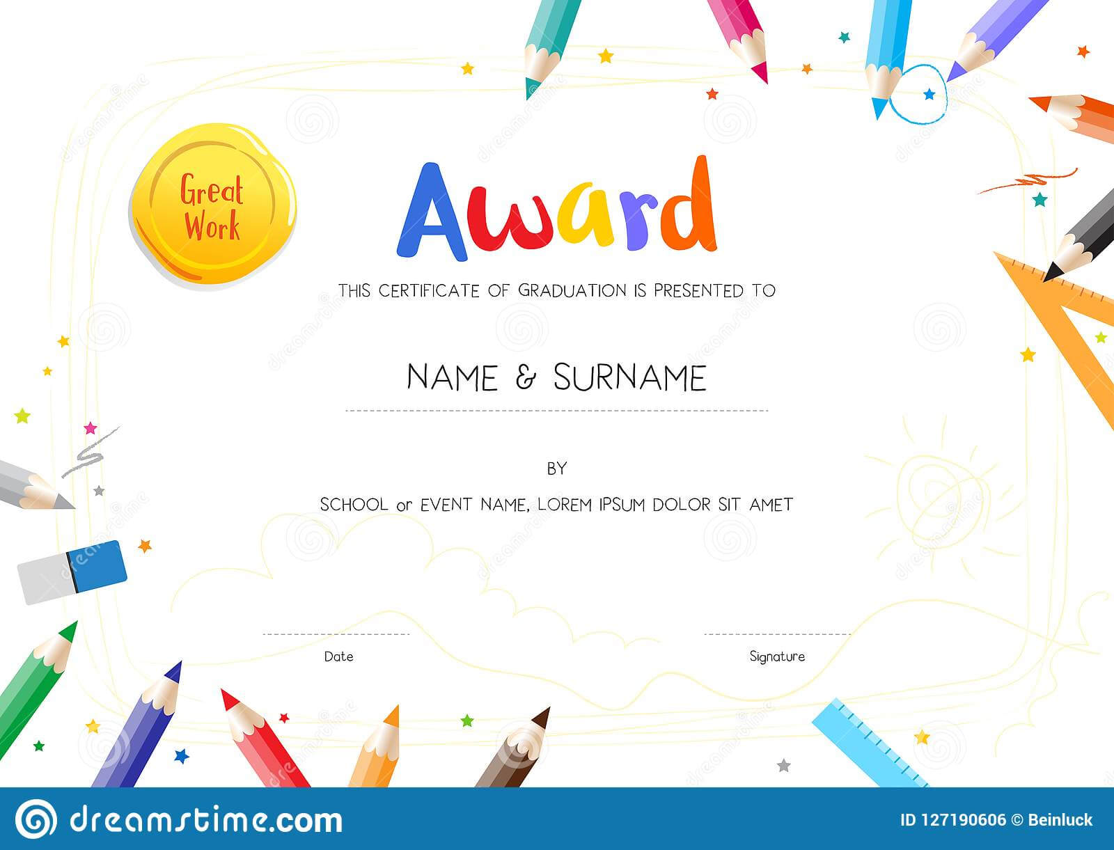 Kids Diploma Or Certificate Template With Painting Stuff Intended For Preschool Graduation Certificate Template Free