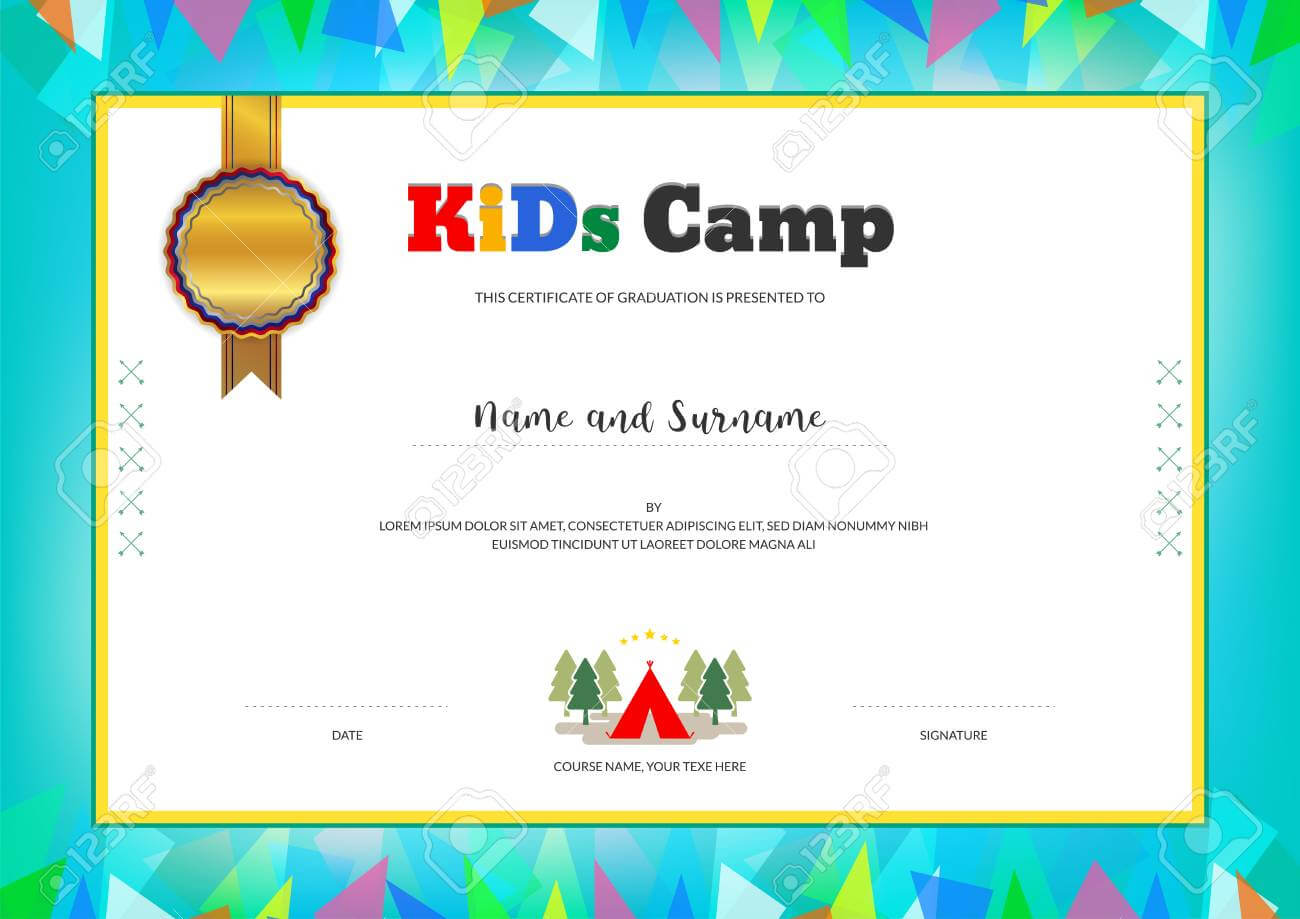 Kids Summer Camp Diploma Or Certificate Template With Colorful.. Pertaining To Summer Camp Certificate Template