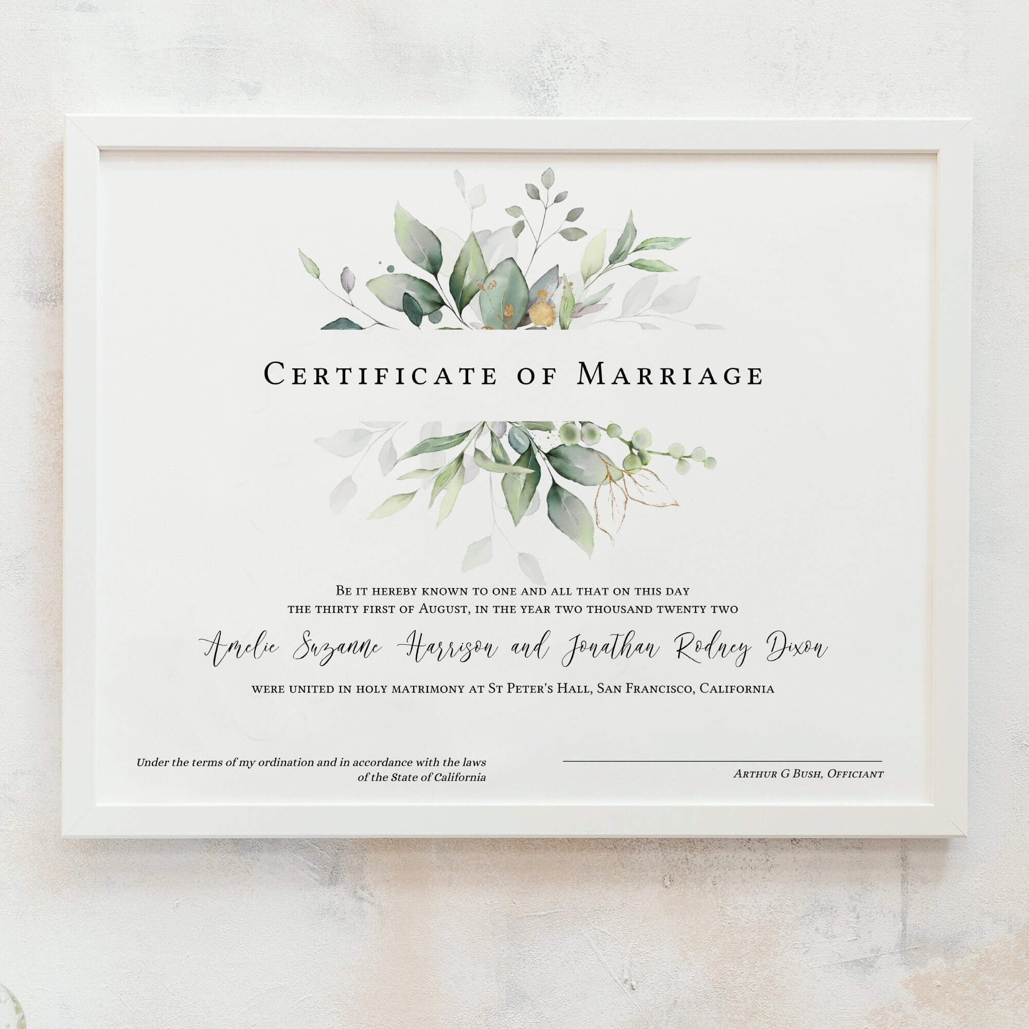 Leaf & Gold – Certificate Of Marriage, Greenery Marriage Inside Certificate Of Marriage Template