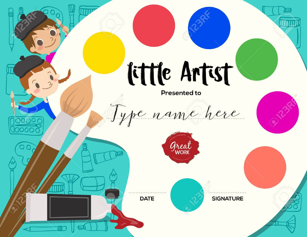 Little Artist, Kids Diploma Child Painting Course Certificate.. Pertaining To Art Certificate Template Free