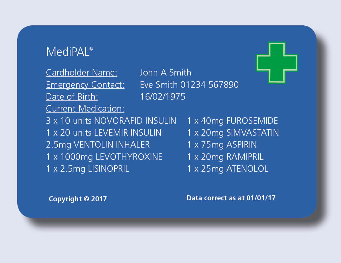 Medipal – Medical Emergency Card Shows Prescription Details With Medical Alert Wallet Card Template