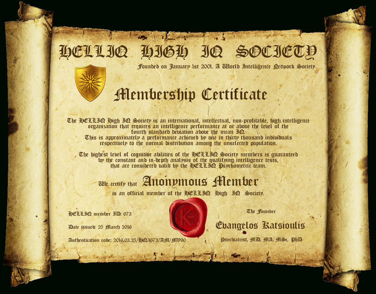 Membership | Helliq High Iq Society With Regard To Iq Certificate Template