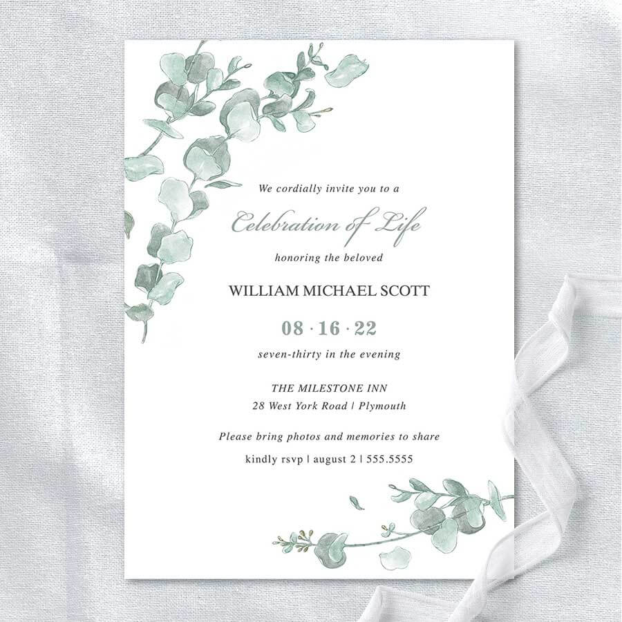 Memorial Service Invitation Templates Eucalyptus Greenery Throughout Celebrate It Templates Place Cards