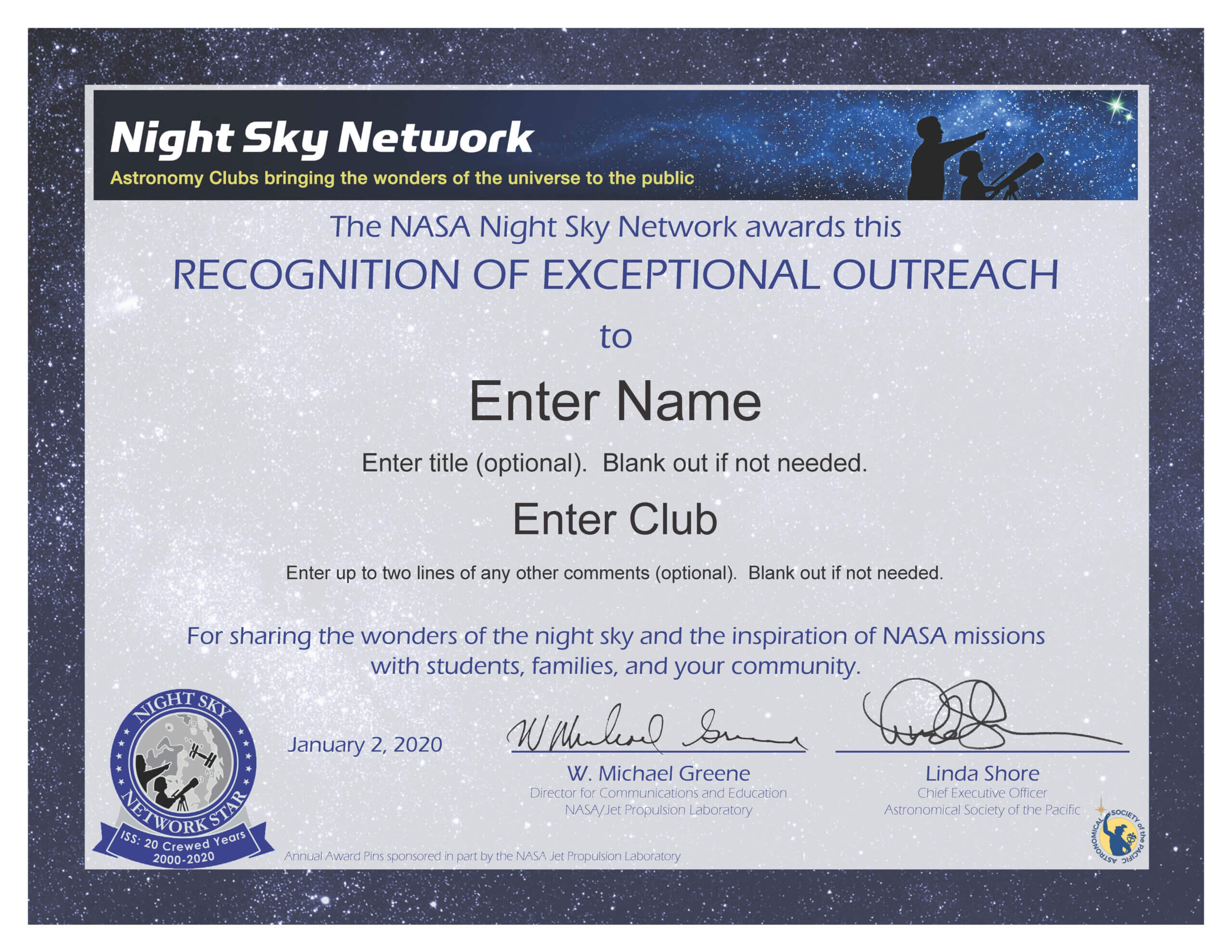 Nsn Astronomy Outreach Award Certificate: Honor Service For Borderless Certificate Templates