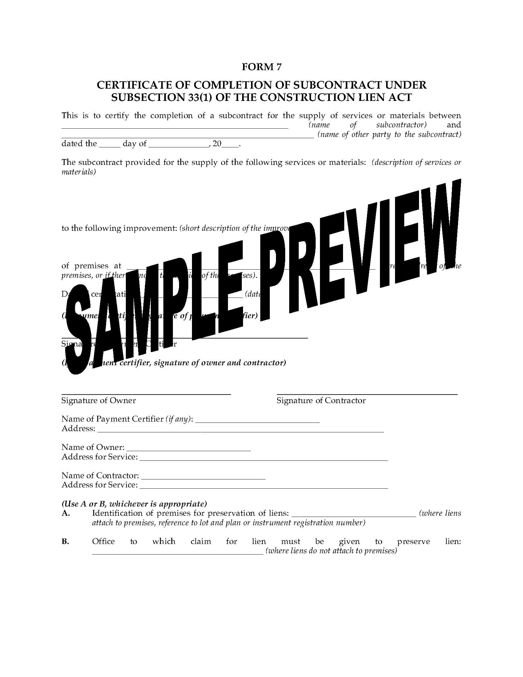 Ontario Certificate Of Completion Of Subcontract Within Certificate Of Completion Construction Templates