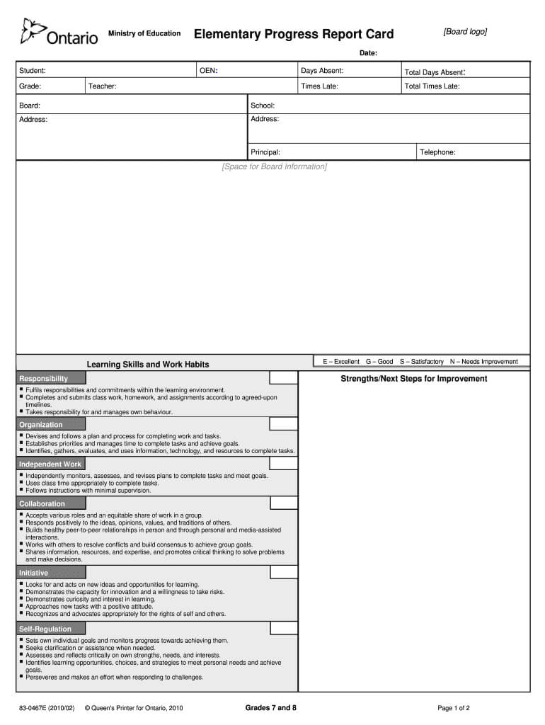 Ontario Report Card Template – Fill Online, Printable Regarding Blank Report Card Template