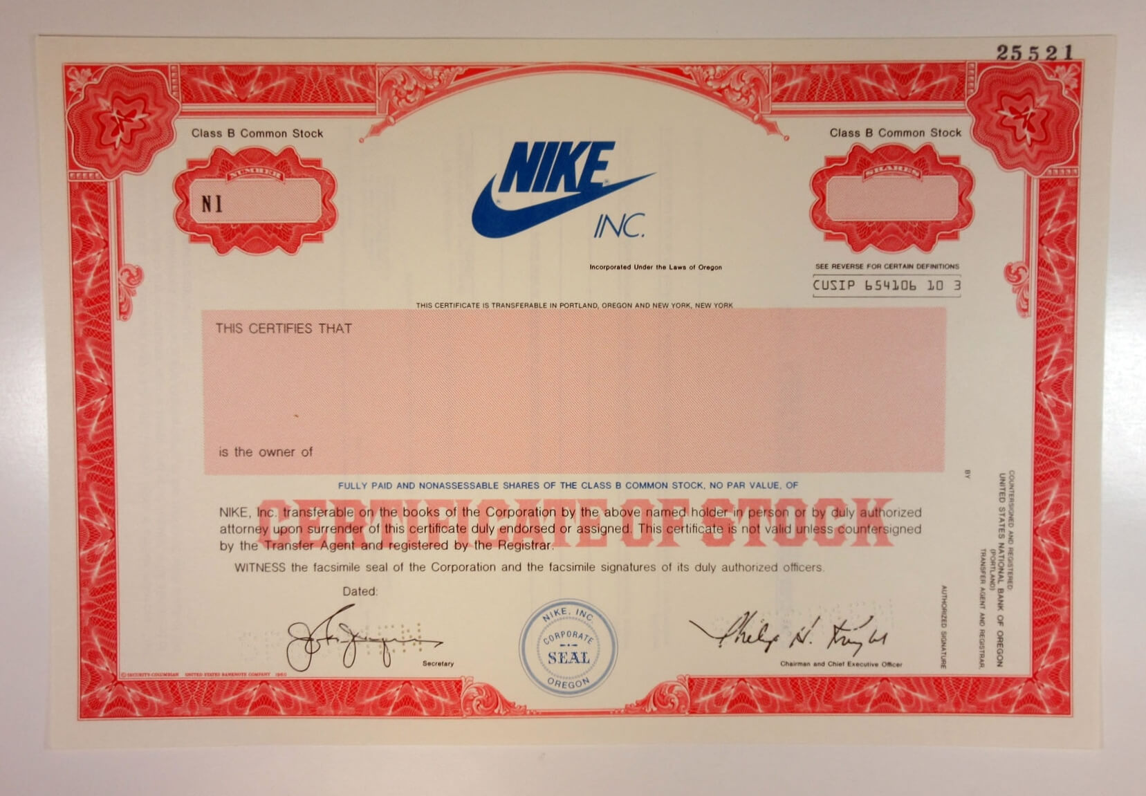 Or. Nike, Inc. 1980 90S Specimen Stock Certificate Odd Shrs Class B Xf  Sc Usbn | Ebay In Corporate Bond Certificate Template