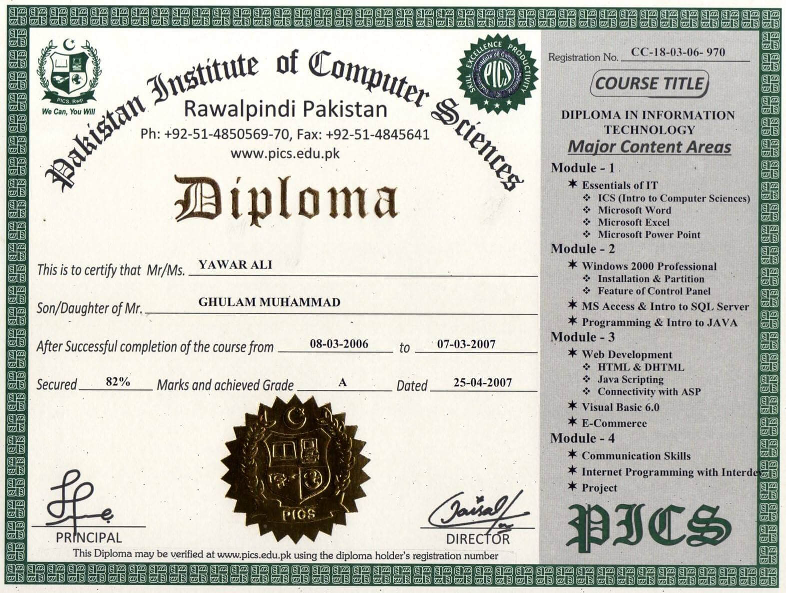 Pakistan Institute Of Computer Sciences, Free Online Inside Fake Diploma Certificate Template