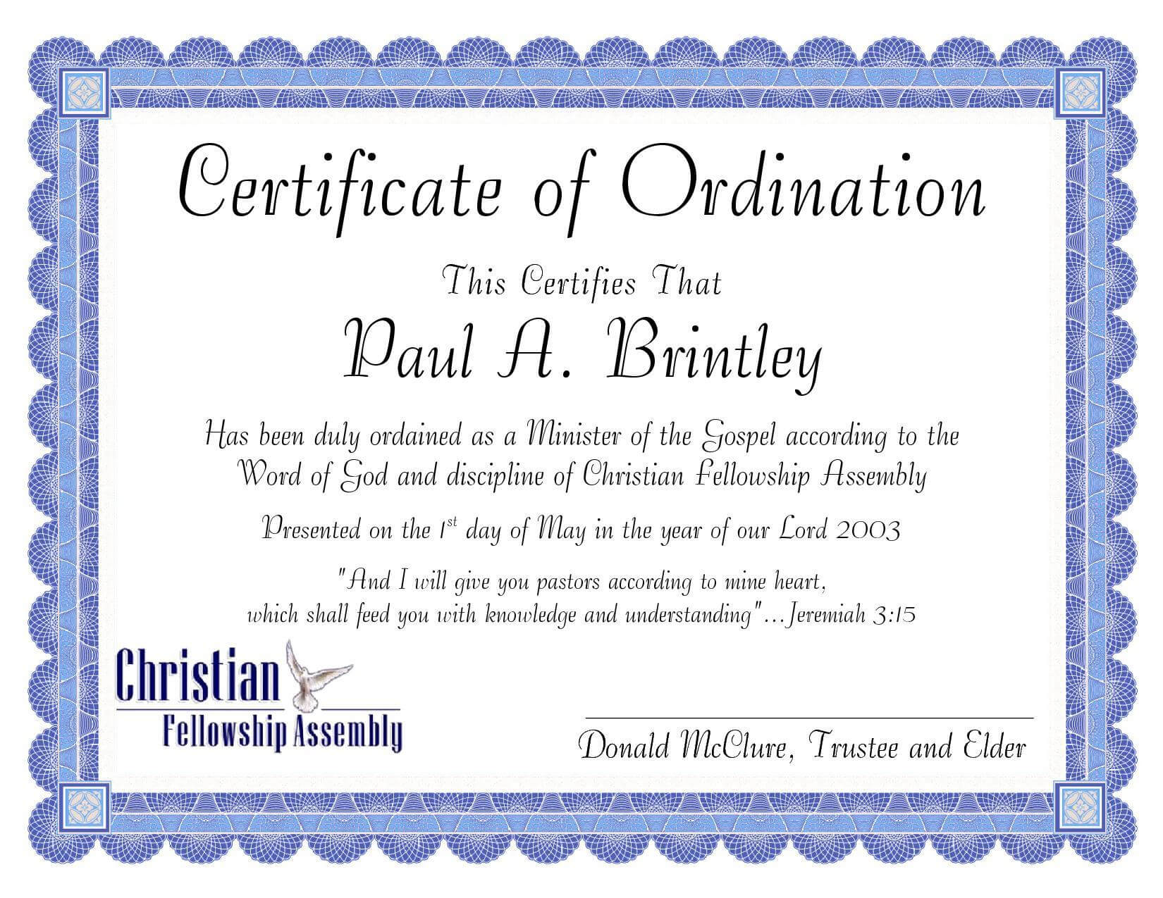 Pastoral Ordination Certificatepatricia Clay - Issuu Pertaining To Certificate Of Ordination Template